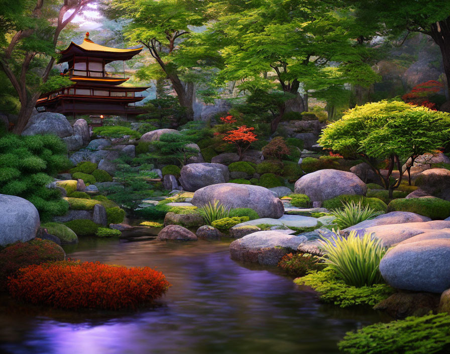 Tranquil Japanese garden with stream, foliage, rocks, and pagoda