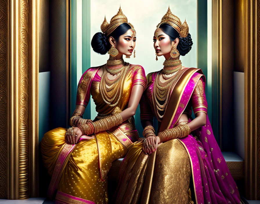 Traditional Thai Attire: Women in Gold Jewelry and Headdresses