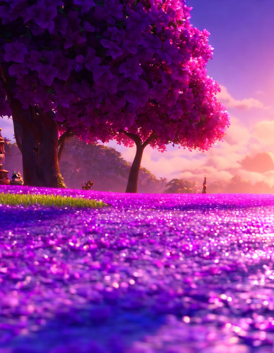 Pink Blossomed Trees and Purple Pathway in Sunset Scene