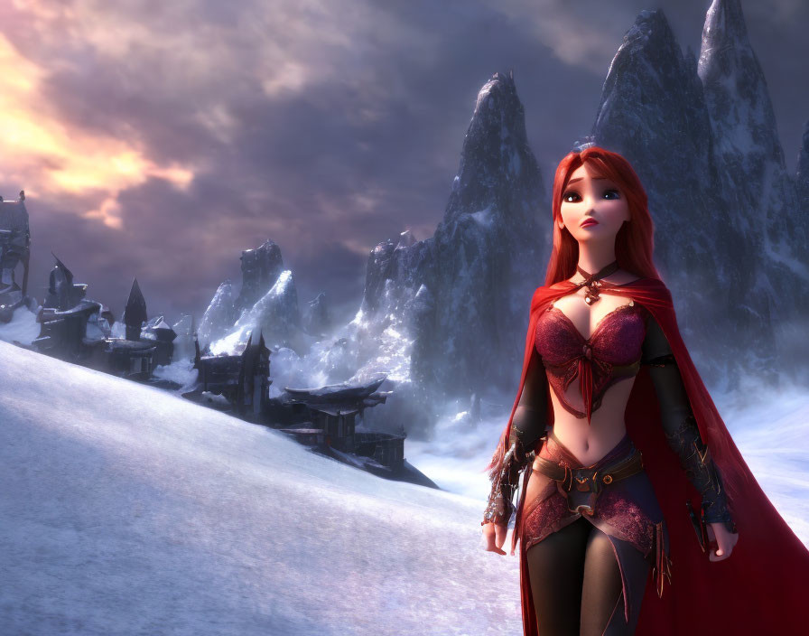 Red-haired female warrior in snowy landscape with sharp mountains and dramatic sunset sky