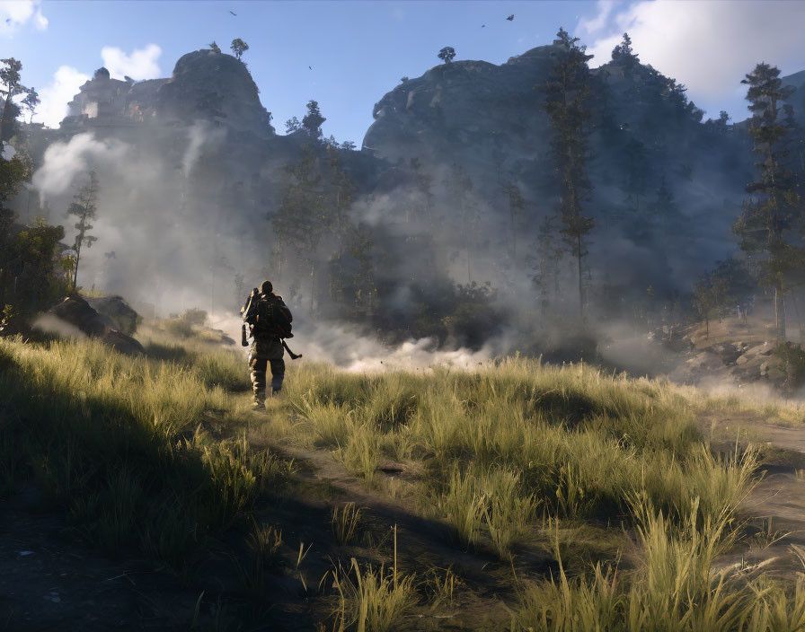 Soldier walking in misty forest with rocky hills and blue sky