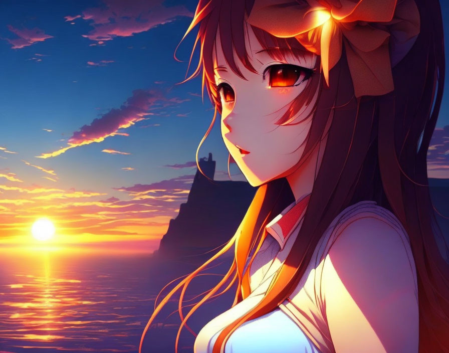 Amber-eyed girl with bow in hair watching ocean sunset