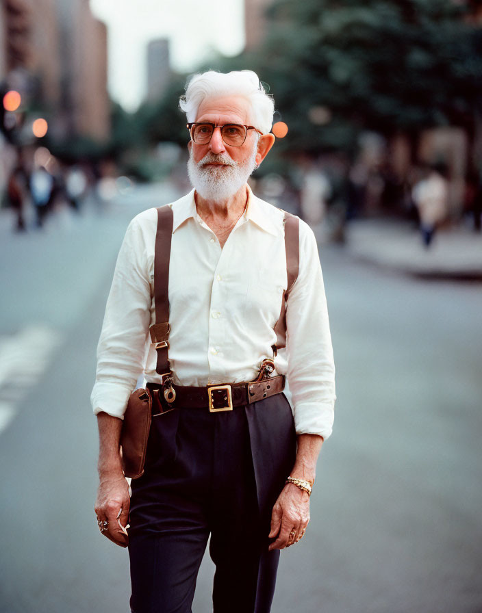 Elderly man in white shirt and suspenders on city street