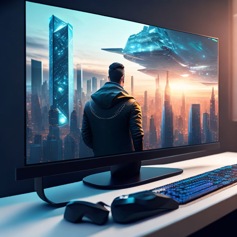 Person at desk with futuristic cityscape on monitor and backlit keyboard