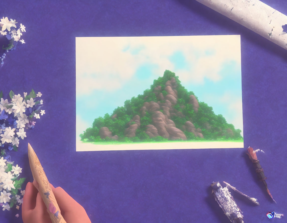 Green hill under blue sky surrounded by white flowers on paper with colored pencils.