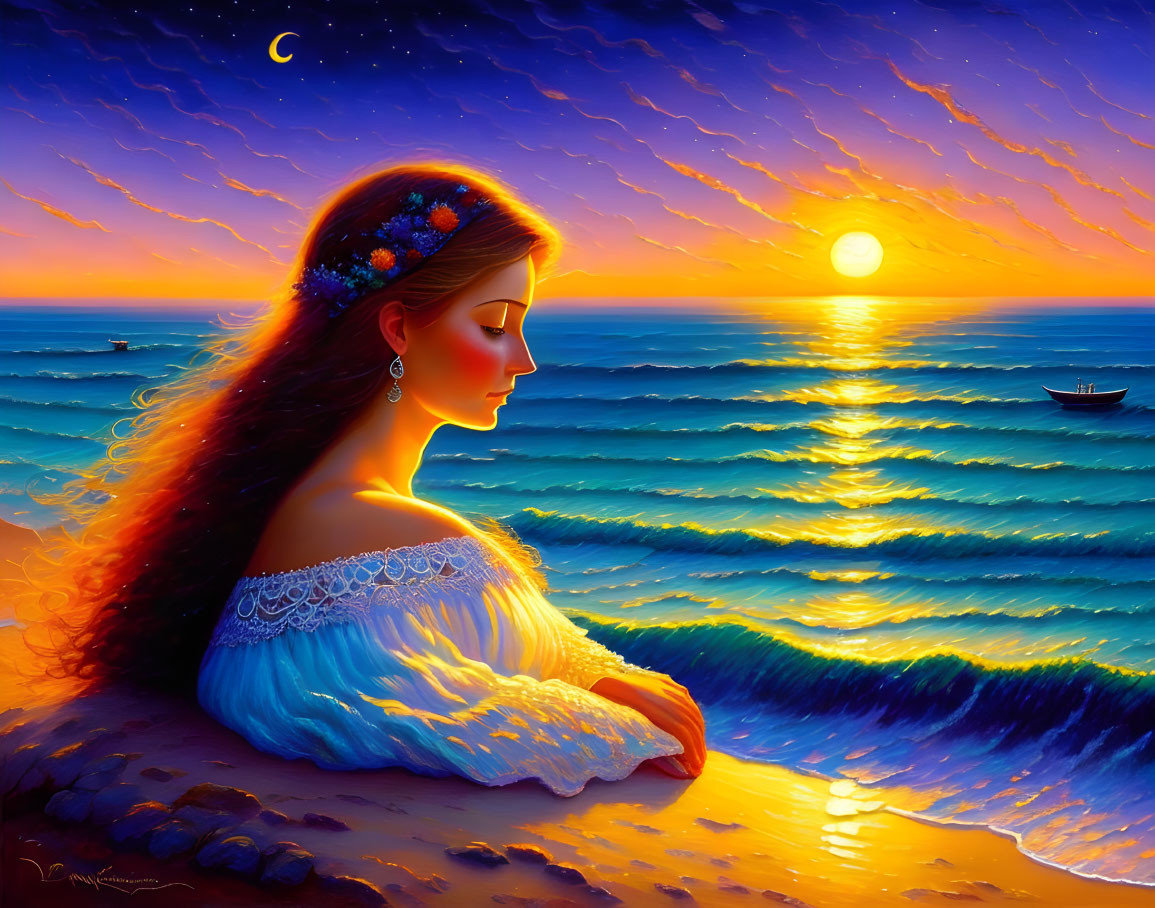 Woman with long hair watching sunset by the sea with boats and crescent moon.