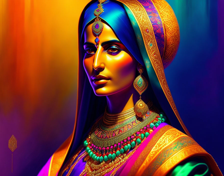 Colorful digital artwork: Indian woman in traditional attire on vibrant backdrop