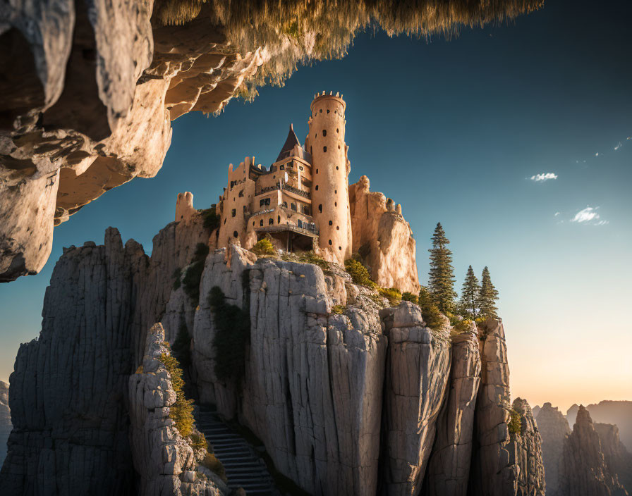 Majestic castle on rugged cliff with stairs in warm sunlight