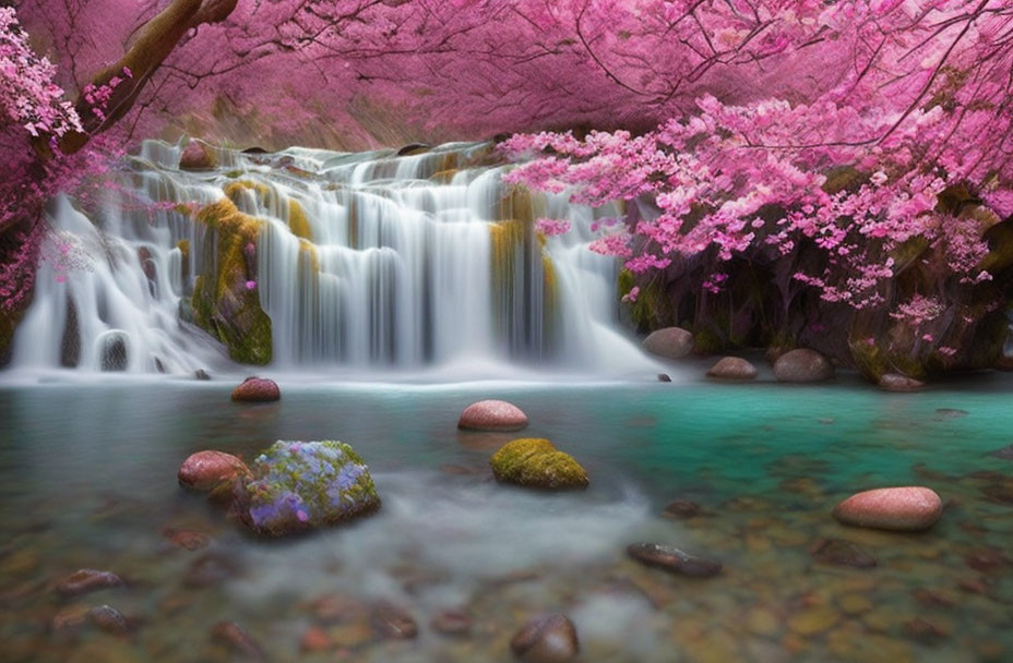 Tranquil Waterfall with Pink Cherry Blossoms and Moss-Covered Rocks