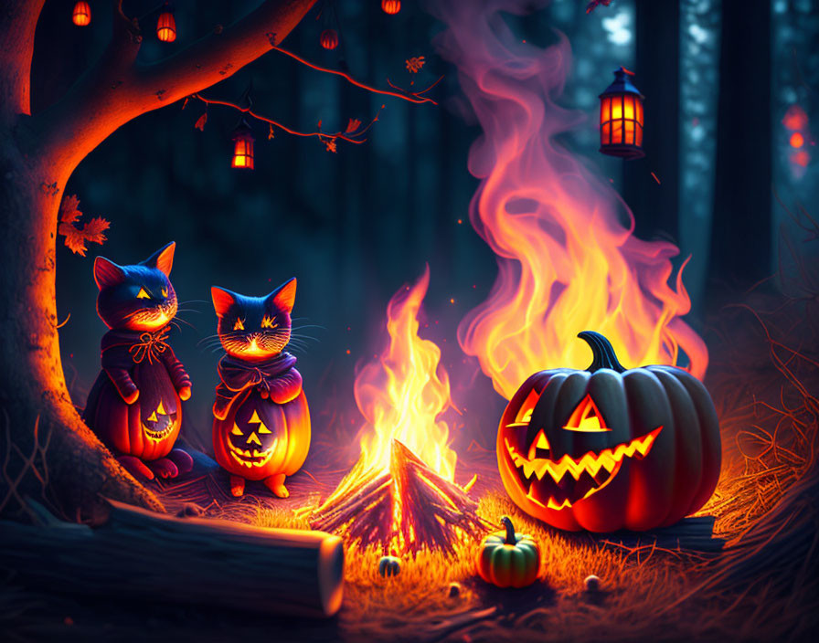 Stylized cats in Halloween costumes with pumpkin and campfire in mystical forest