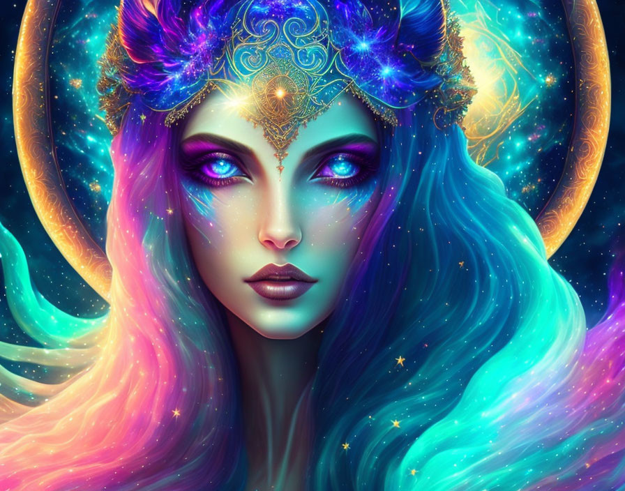 Vibrant multicolored hair, blue eyes, ornate headdress in cosmic scene