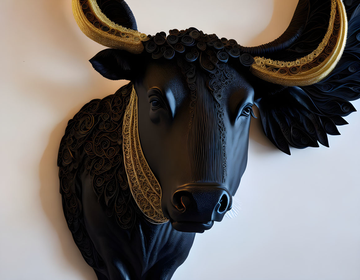 Ornate black bull's head with golden horns on white wall