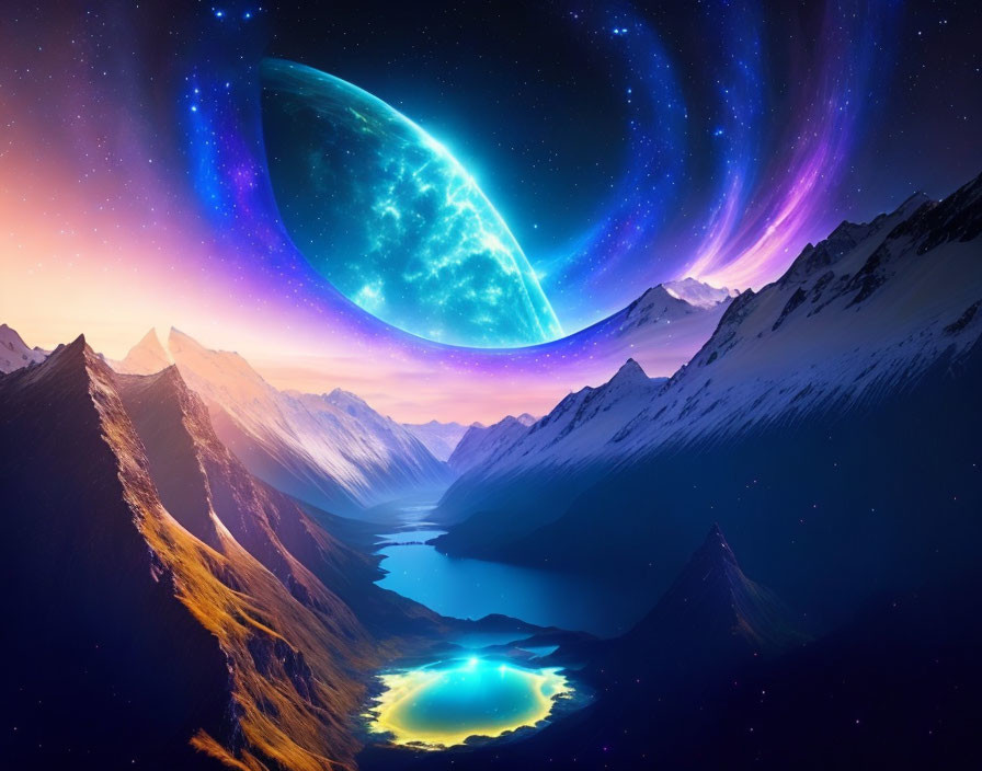 Mountain Night Sky Digital Art: Glowing Planet, Nebulae, Lake Reflections