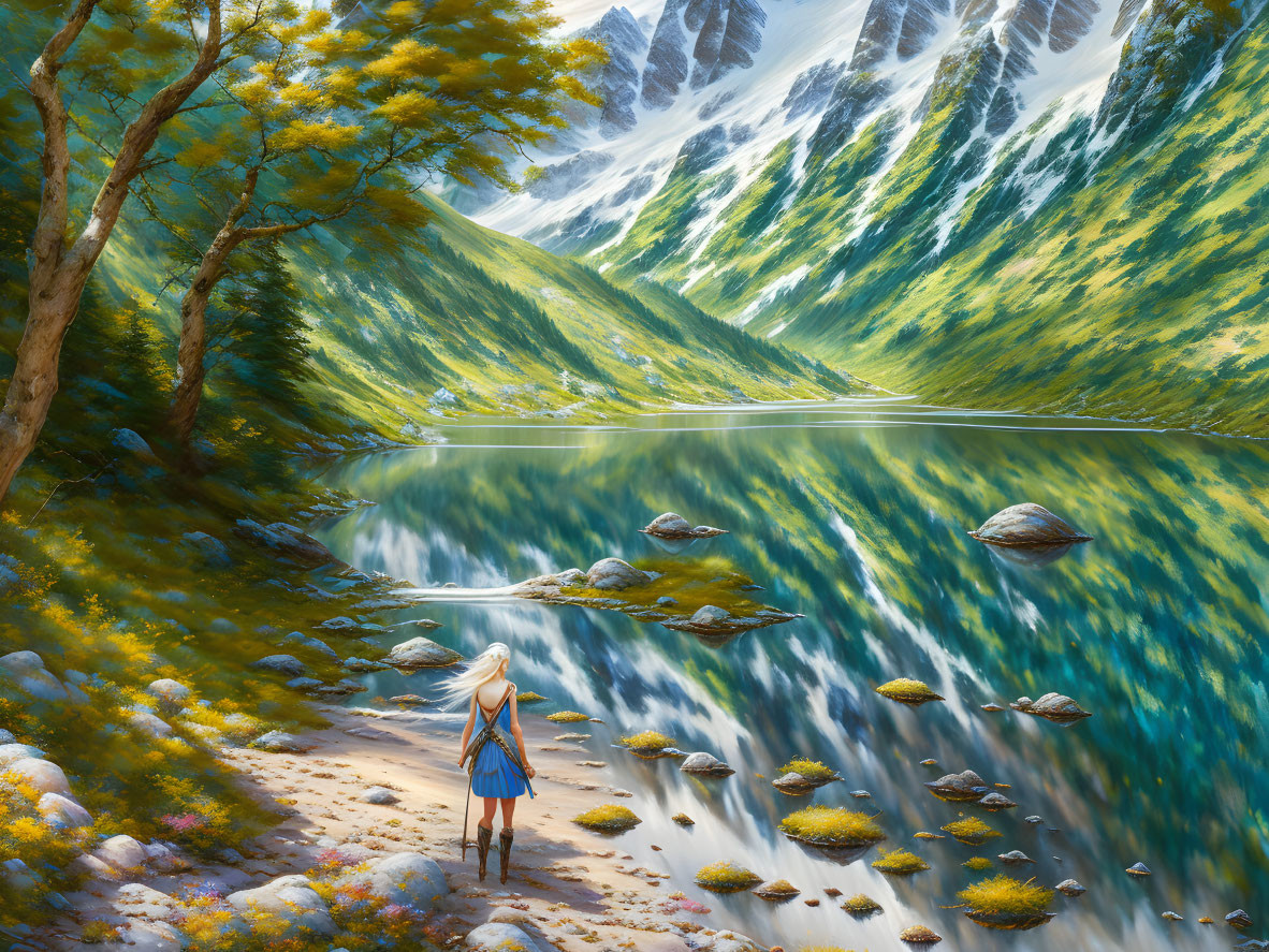 Tranquil mountain lake scene with person surrounded by lush greenery