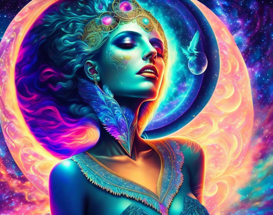 Colorful cosmic woman with intricate headdress in galaxy setting