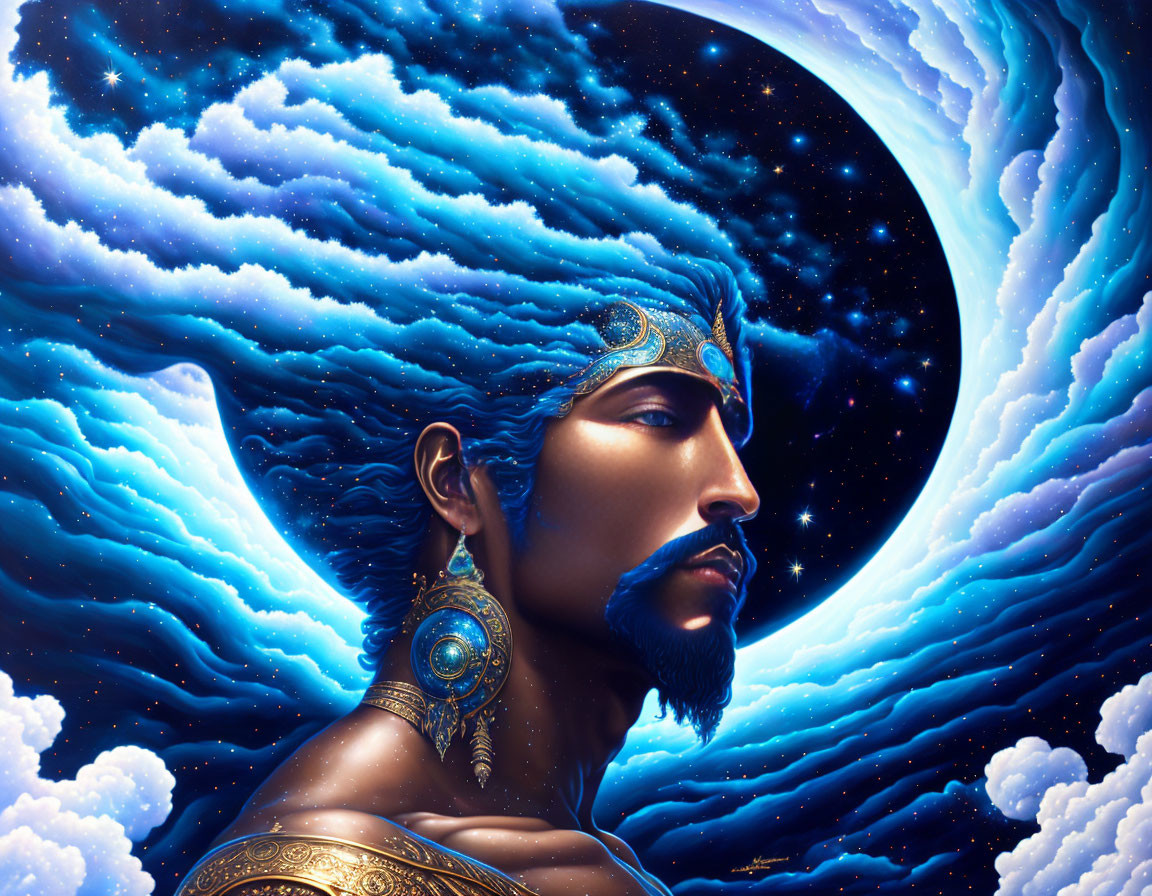 Man with Beard and Ornate Headpiece in Surreal Cosmic Portrait