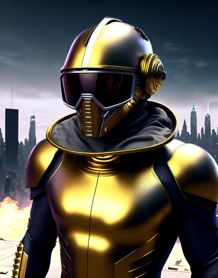 Futuristic figure in gold and black armor with helmet and visor amidst city explosions