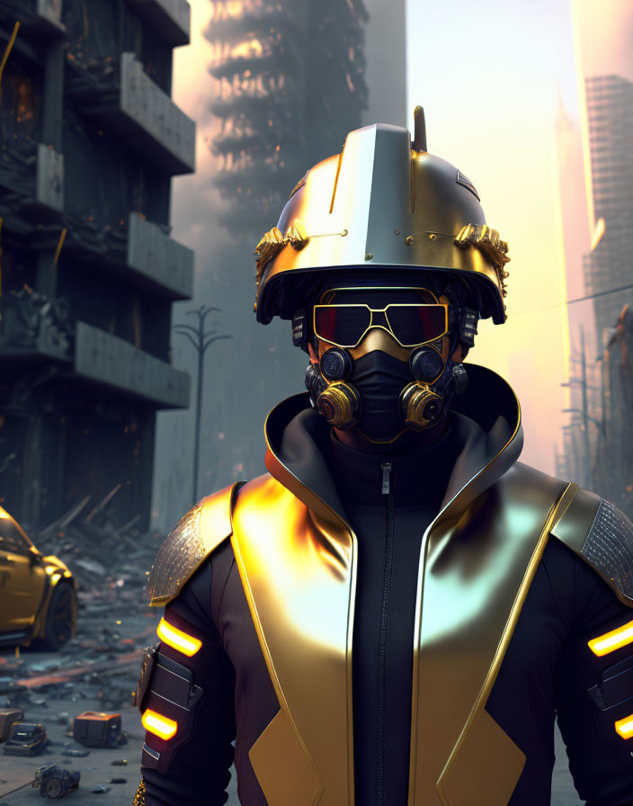 Futuristic soldier in helmet and armor in dystopian cityscape