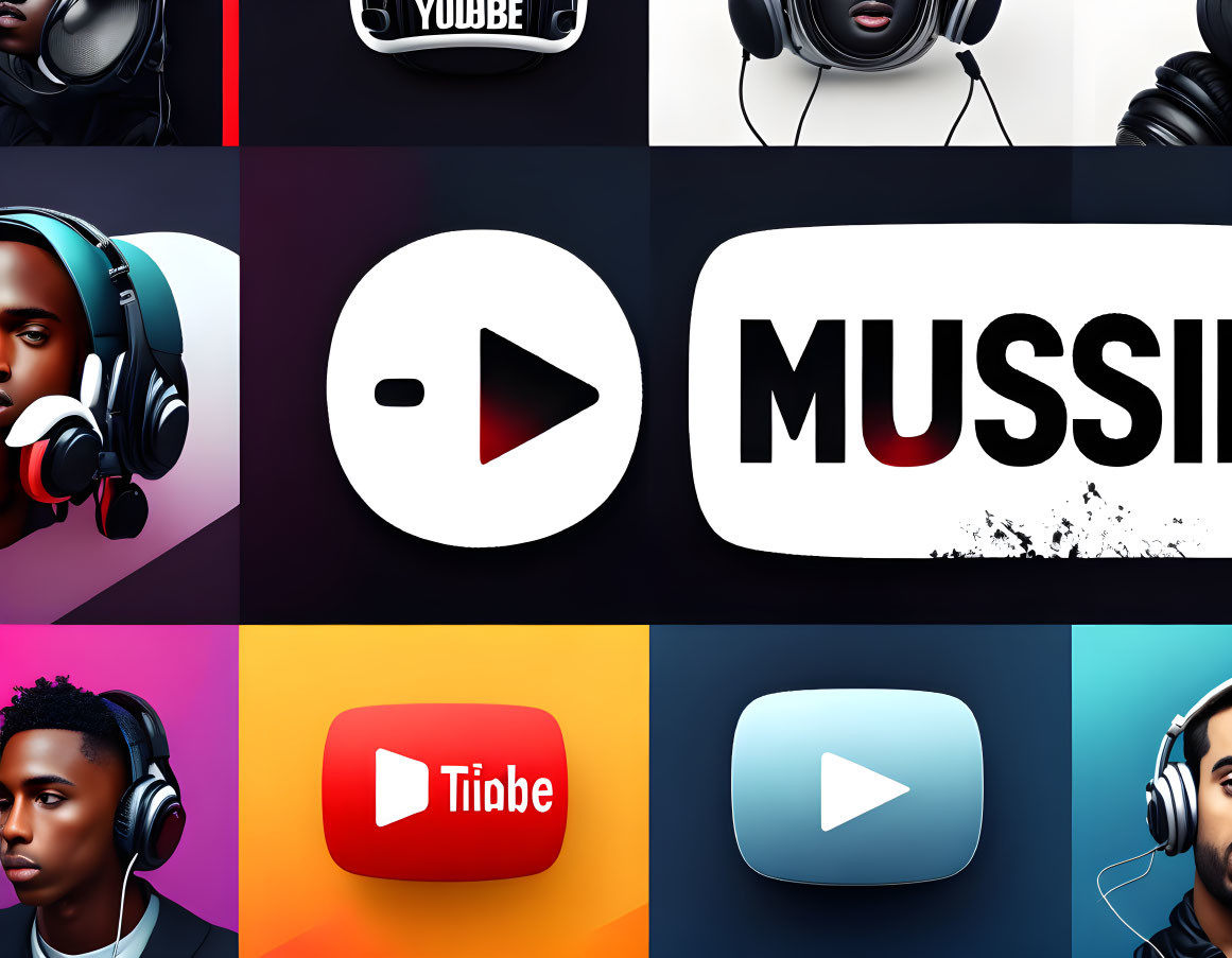 Music and video streaming-themed collage with headphones, YouTube logos, and stylized portraits.