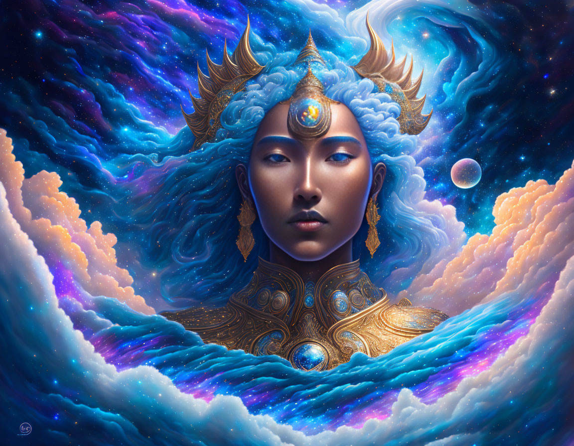 Celestial-themed digital artwork: Woman with golden headgear in cosmic setting