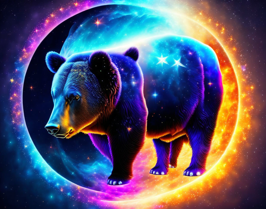 Colorful Bear Artwork with Cosmic Fur Pattern and Celestial Portal