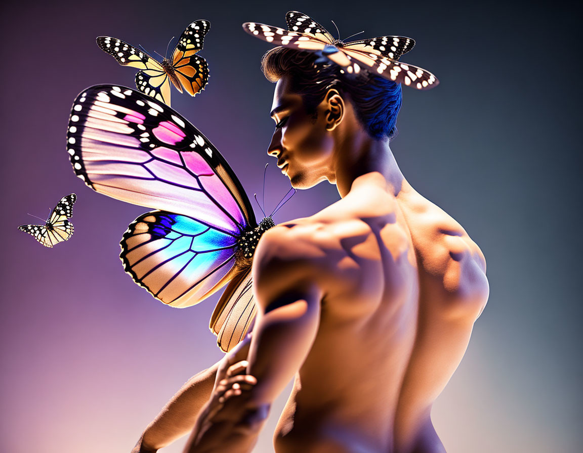 Shirtless person with butterfly wing pattern surrounded by butterflies on purple-orange background