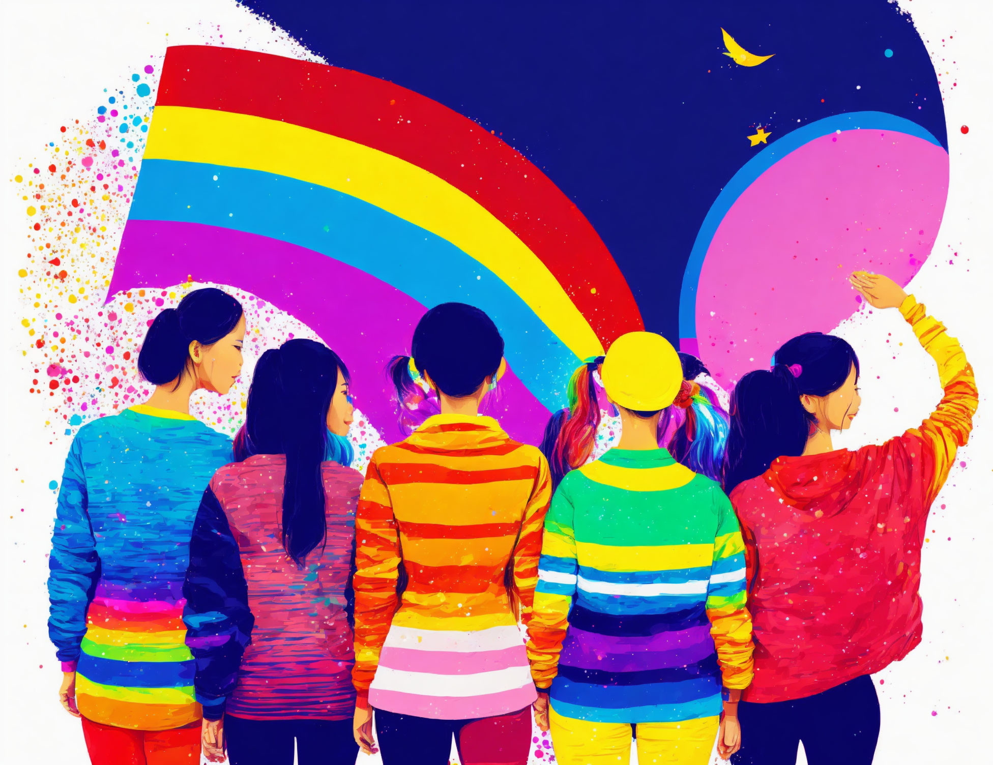 Colorful Attired Group Admiring Rainbow on Paint-Splattered Background