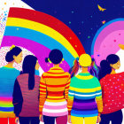 Colorful Attired Group Admiring Rainbow on Paint-Splattered Background