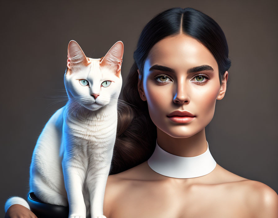 Woman with sleek hair and white choker posing with white cat and blue eyes
