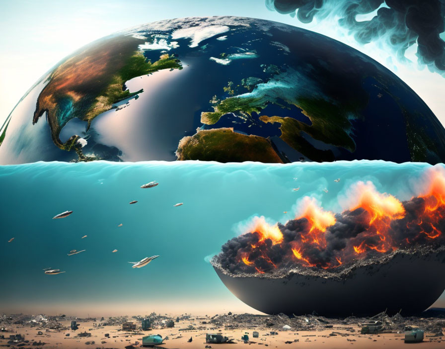 Split Earth Artwork: Surreal depiction with burning bottom half and fish-filled space.