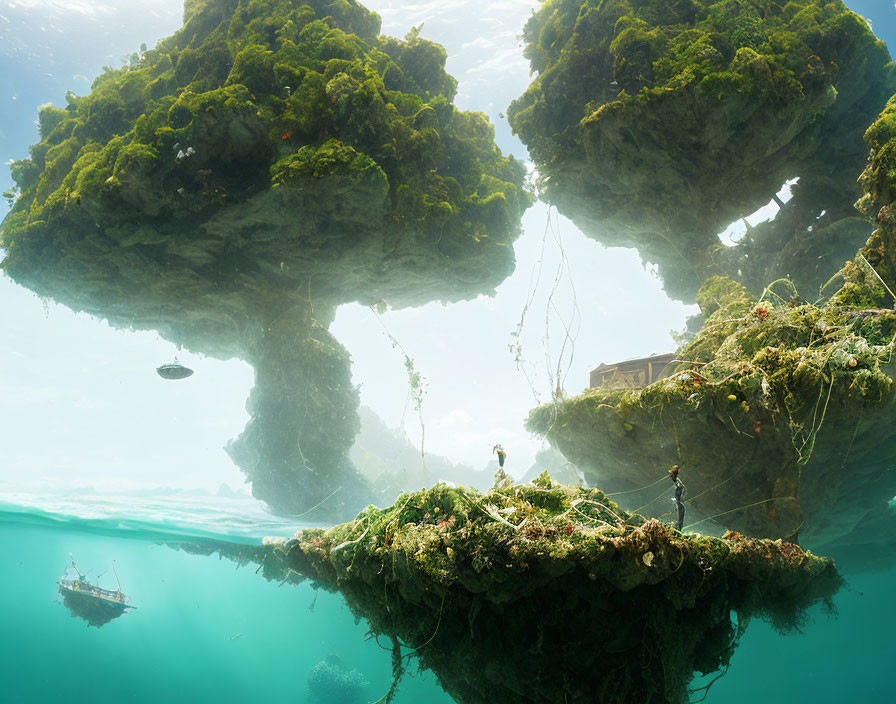 Floating islands with lush greenery above turquoise water and people on bridges and boats