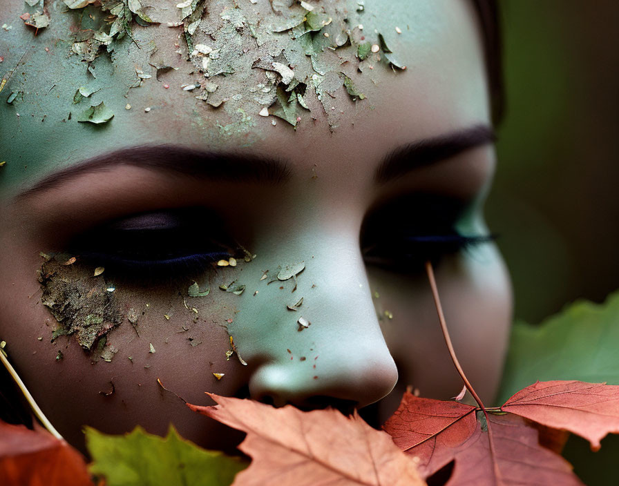 Green textured makeup and autumn leaves on a face: Moody, earthy aesthetic