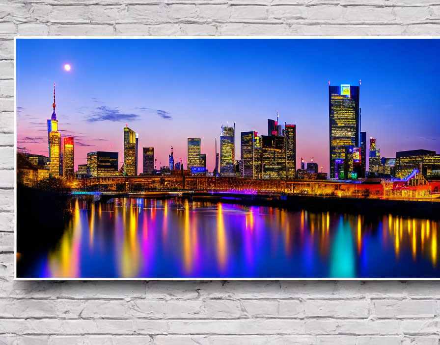 Cityscape photo of illuminated skyline on white brick wall