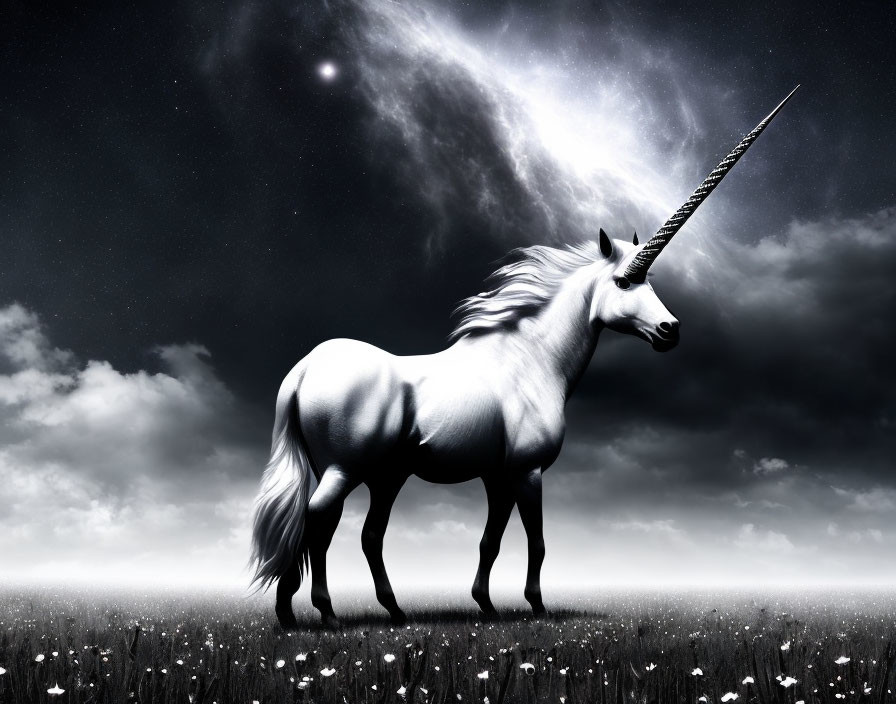 White unicorn under starry sky in field