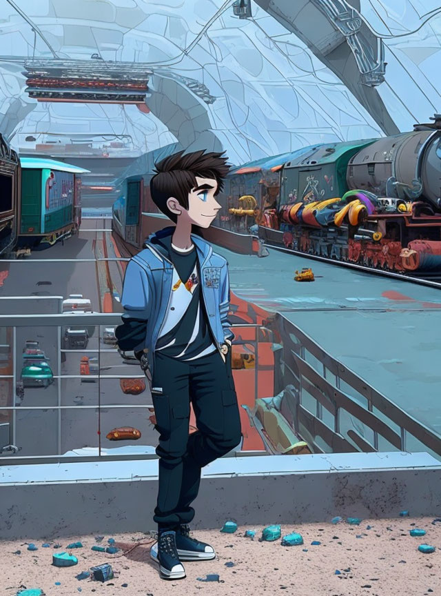 Futuristic train station digital illustration of a young person