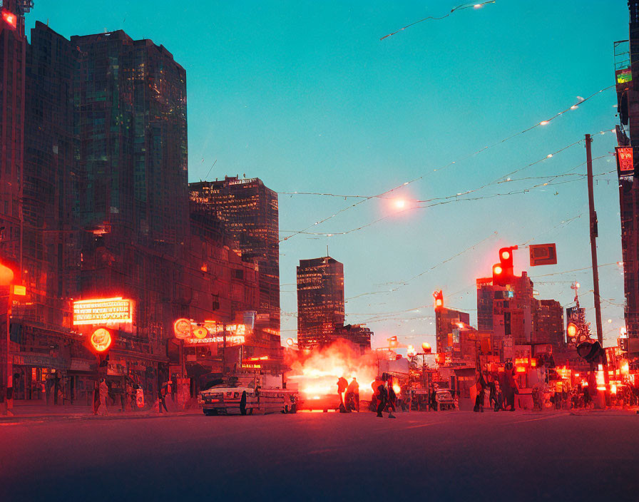 City street at twilight: neon lights, pedestrians, cars, buildings silhouette.