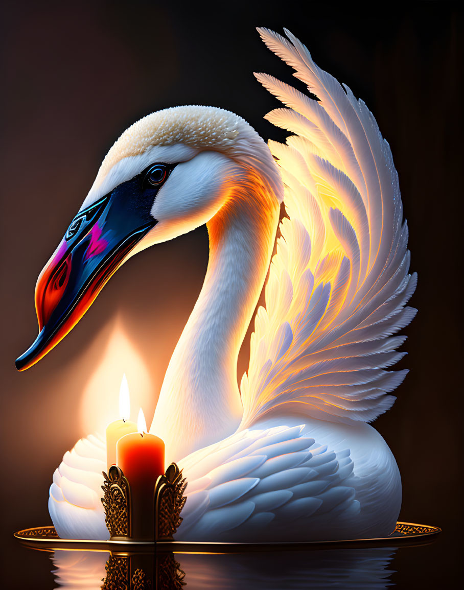 Swan digital art: Glowing wings around candle on dark backdrop