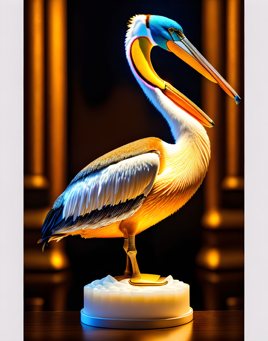 Colorful Pelican Illustration with Long Beak on Pedestal in Warm Light