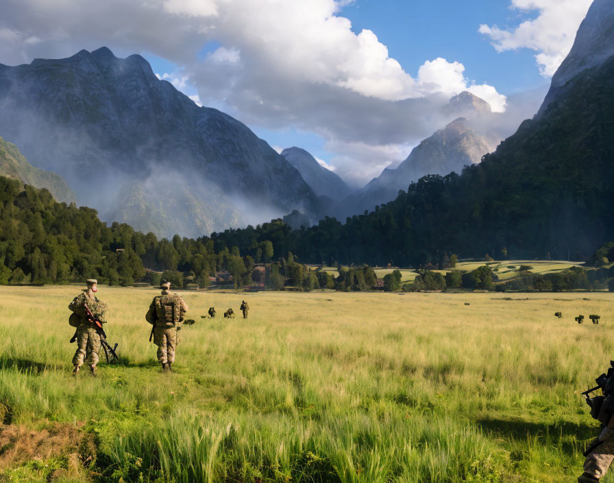 Military soldiers in camouflage walking in green field with mountains and cloudy sky