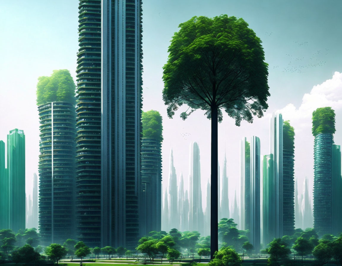 Futuristic cityscape blending greenery and skyscrapers under clear sky