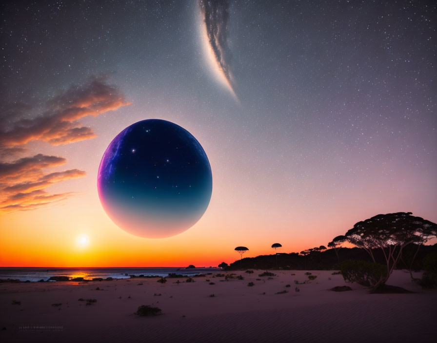 Colorful planet over beach at dusk with glowing sky streak