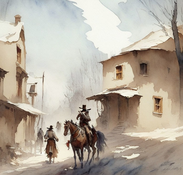 Cowboy on horseback and person walking in snowy old-town watercolor.