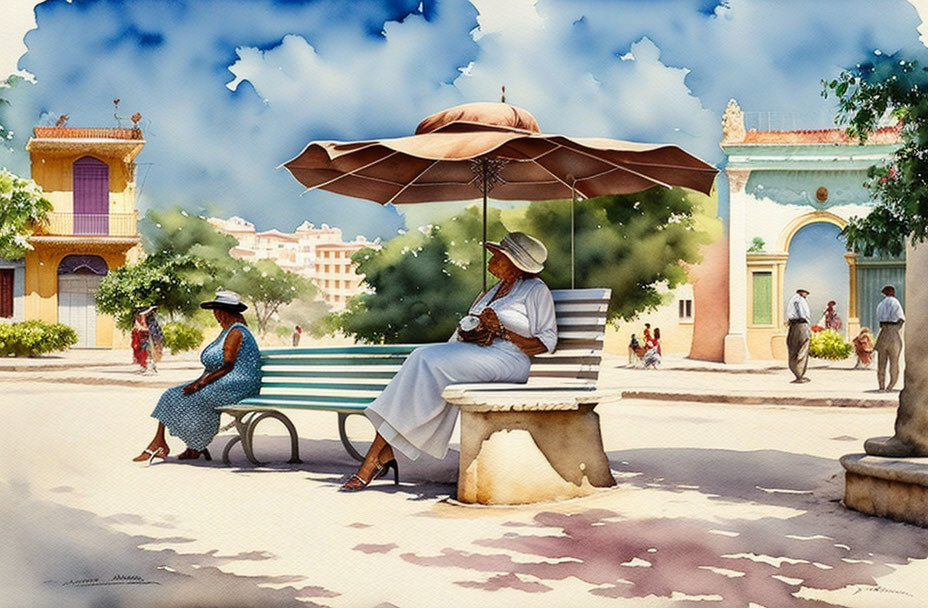 People sitting on a park bench under an umbrella with historical buildings in the background