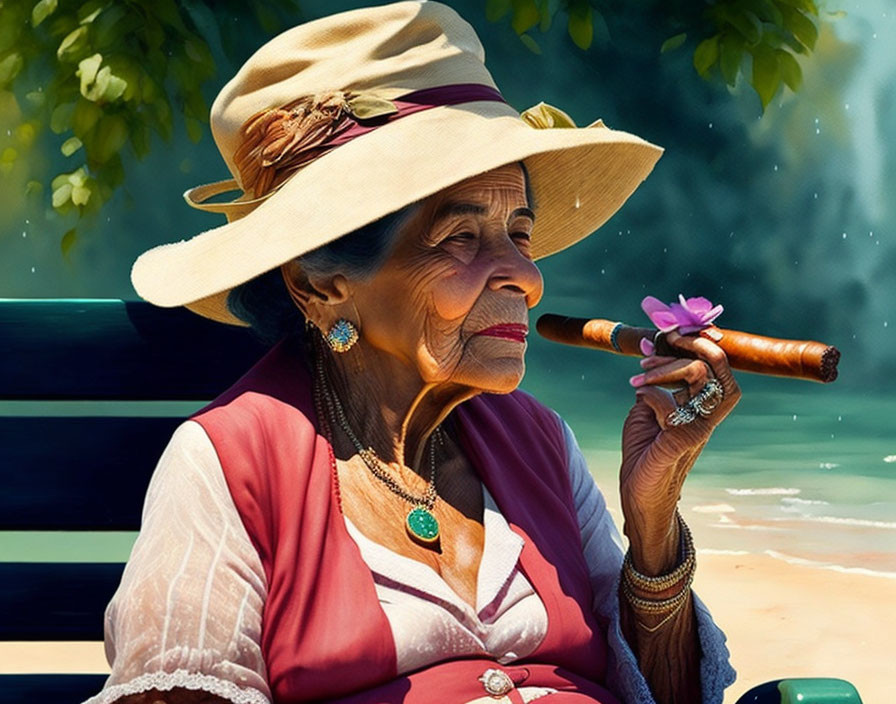 Elderly lady in wide-brimmed hat with cigar and pink flower on bench