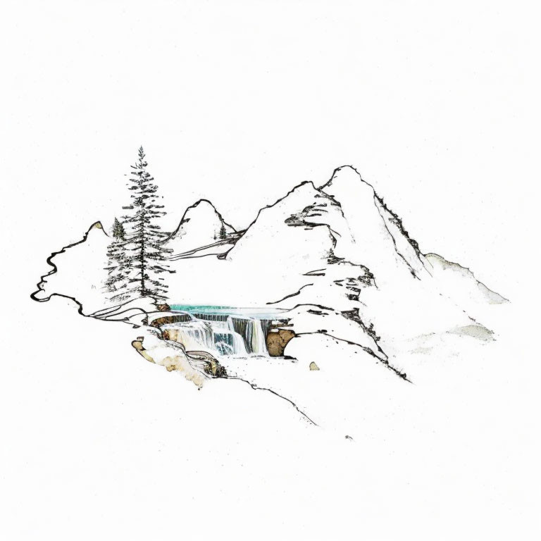 Minimalistic Mountain Landscape Drawing with Waterfall, Trees, and Snow