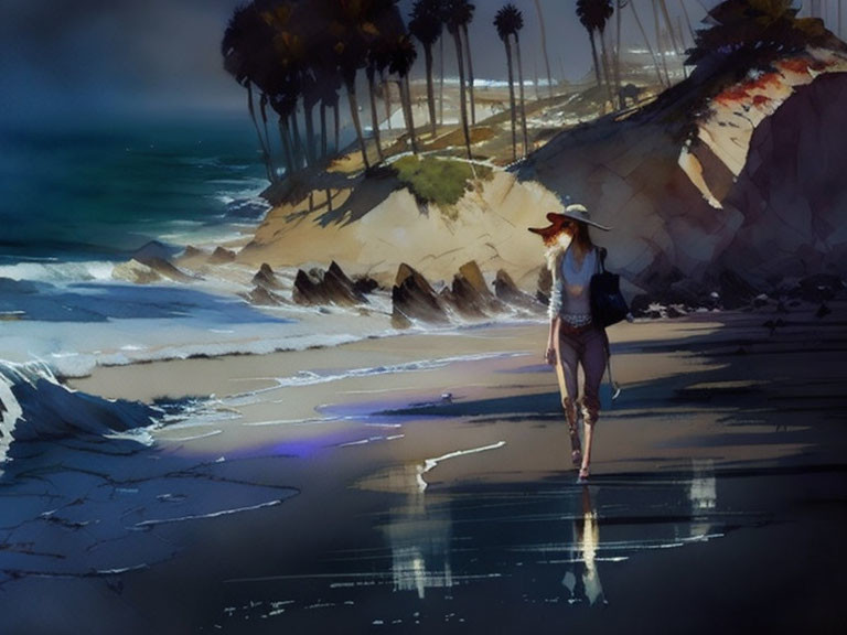 Person in wide-brimmed hat strolling on sandy beach at dusk