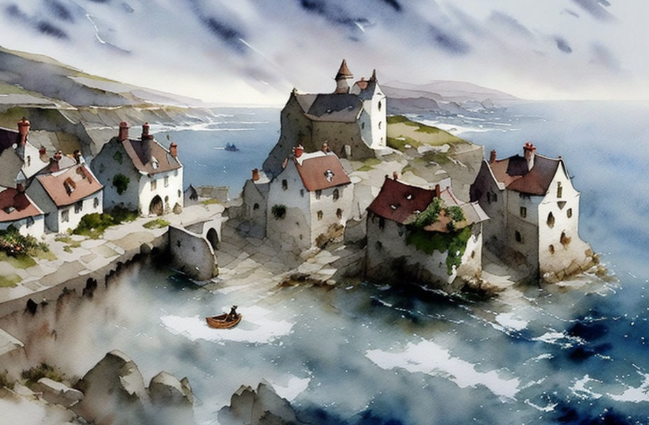 Seaside village watercolor: stone houses, boat, rolling hills, cloudy sky