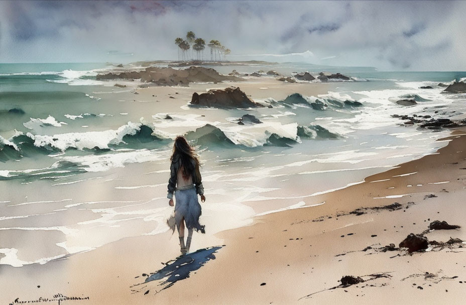 Long-haired person walking on sandy beach towards crashing waves under cloudy sky.