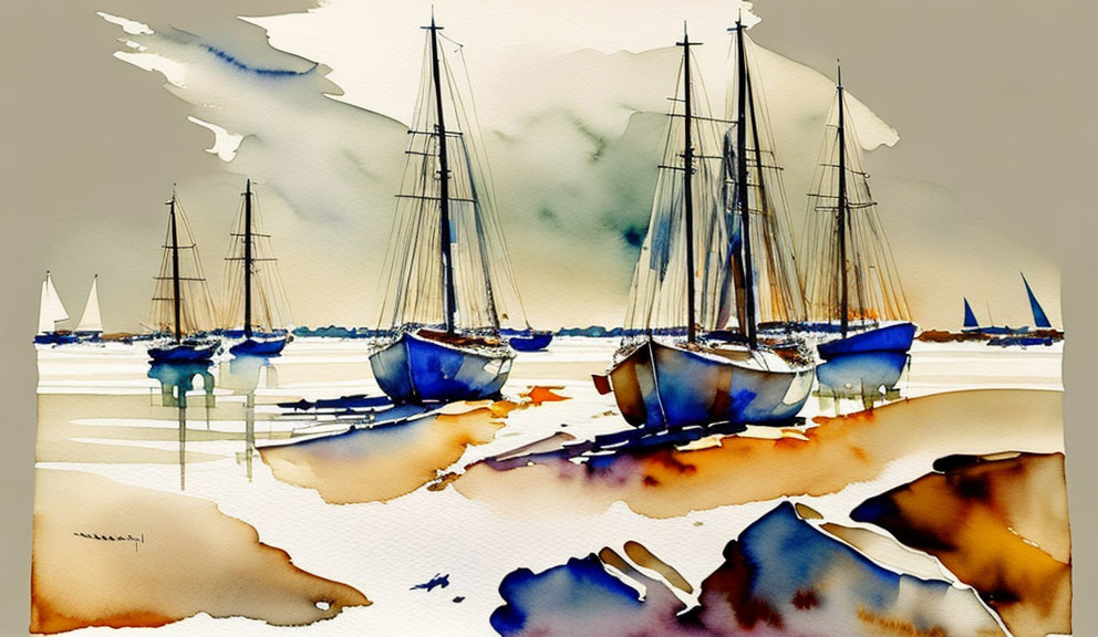 Sailboats Watercolor Painting with Blending Colors