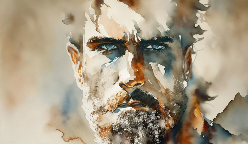 Stern-faced man with beard in warm watercolor portrait